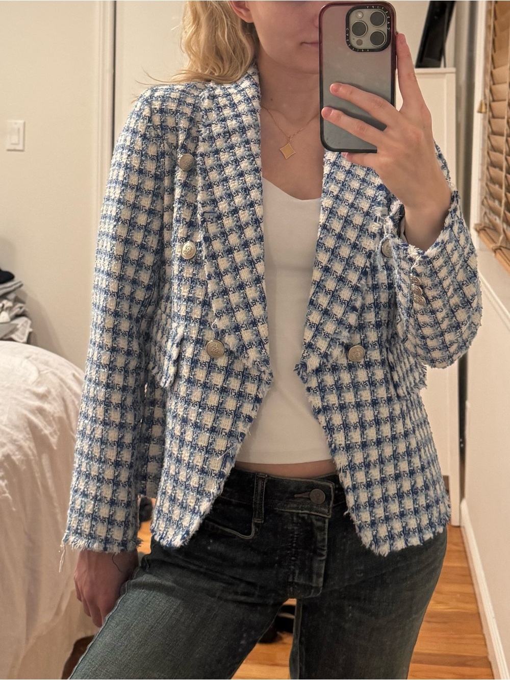 Aqua Blue and White Tweed Blazer Jacket